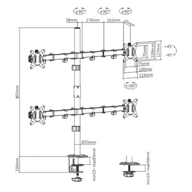 Brateck LDT66-C048 Кронштейна для 4 мониторов, 17 "-32", до 9 кг Brateck LDT66-C048 3704319 фото