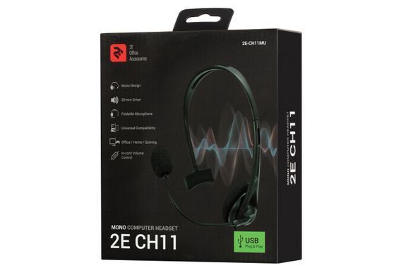 Гарнітура ПК моно On-ear 2E CH11 USB, omni-mic, 2м, чорний (337805) 2E-CH11MU фото