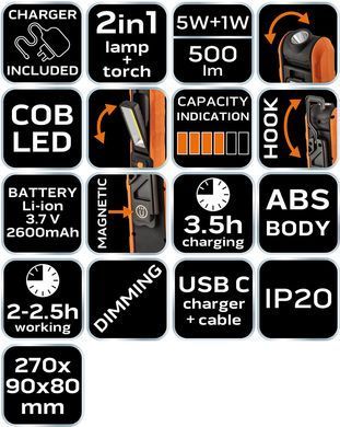 Лампа для мастерской аккумуляторная NEO 99-065, COB 500 люмен, 2600 мАч, USB, крючок и магнит 99-065 фото
