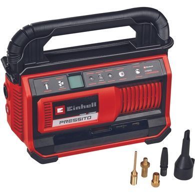 Компресор автомобільний гібридний Einhell PRESSITO 18/25 Hybrid, PXC, 230/18В, 11бар, 25л/хв, вис. і низьк. тиск, можливість всмоктування, шланг 710мм, 2.05кг, без АКБ та ЗП (374737) 4020430 фото