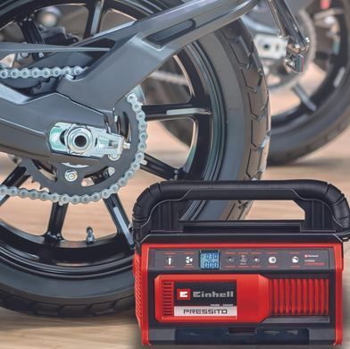 Компресор автомобільний гібридний Einhell PRESSITO 18/25 Hybrid, PXC, 230/18В, 11бар, 25л/хв, вис. і низьк. тиск, можливість всмоктування, шланг 710мм, 2.05кг, без АКБ та ЗП (374737) 4020430 фото