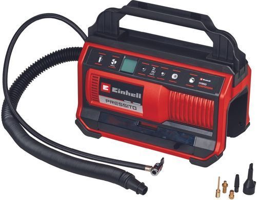 Компресор автомобільний гібридний Einhell PRESSITO 18/25 Hybrid, PXC, 230/18В, 11бар, 25л/хв, вис. і низьк. тиск, можливість всмоктування, шланг 710мм, 2.05кг, без АКБ та ЗП (374737) 4020430 фото