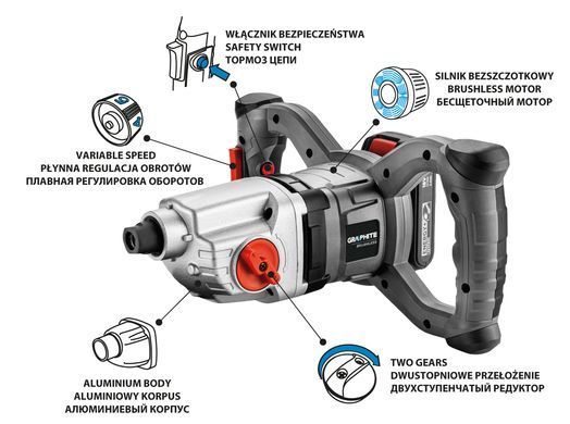 Аккумуляторный строительный миксер GRAPHITE Energy+ 58G084 с бесщеточным двигателем (БЕЗ АКБ) 58G084 фото