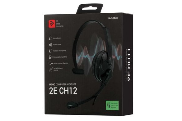 Гарнітура ПК моно On-ear 2E CH12 mini-jack, omni-mic, 1.2м, чорний (337806) 2E-CH12MJ фото