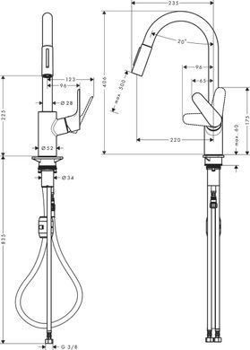 Смеситель для кухни Hansgrohe Focus, дл.излива - 235мм, вытяжной, 1 рычаг, KM240, хром