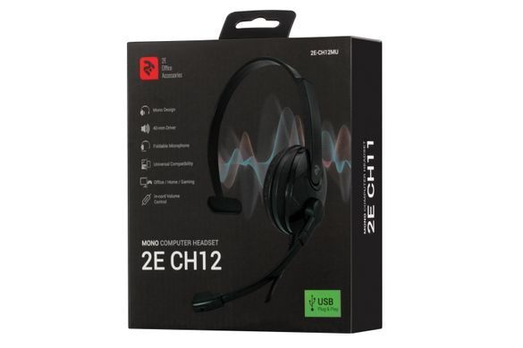 Гарнітура ПК моно On-ear 2E CH12 USB, omni-mic, 2м, чорний (337807) 2E-CH12MU фото