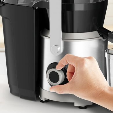 Tefal Соковитискач Nutri XXL відцентрований 1000Вт, чаша-0.8л, жмих-2.2л, жолоб на ціле яблуко, пластик/метал, чорний-нержавіюча сталь (379795) ZE660D10 фото