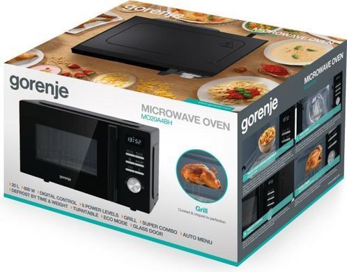 Мікрохвильова піч Gorenje, 20л, електр. керув., 800Вт, гриль, дисплей, 11 програм, чорний (391863) MO20A4BH фото