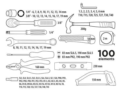 Набір інструментів Top Tools 38D535, 100 предметів, 1/4&laquo; і 3/8&raquo;, тріскачка, ключі, кейс 38D535 фото