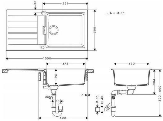 Мийка кухонна Hansgrohe S52, граніт, прямокутник, з крилом, 980х480х190мм, чаша - 1, врізна, S52-F480, сірий камінь (365960)