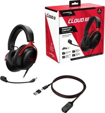 Гарнітура ігрова HyperX Cloud III, mini-jack/USB-A/USB-C, 1.2м/1.3м, чорно-червоний (367877) 727A9AA фото