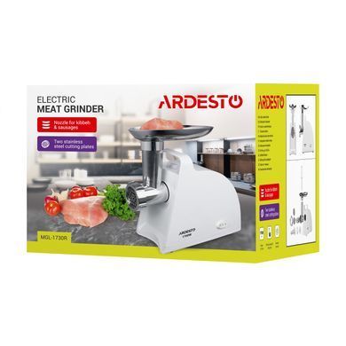 М'ясорубка ARDESTO 1700Вт, продук.-1.6кг/хв, 2 решітки + для ковб., кеббе, пластик, білий (301783) MGL-1730R фото