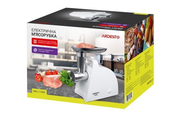 М'ясорубка ARDESTO 1700Вт, продук.-1.6кг/хв, 2 решітки + для ковб., кеббе, пластик, білий (301783) MGL-1730R фото