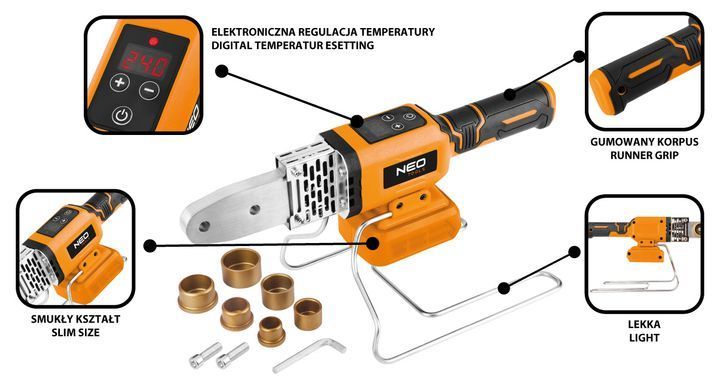 Аккумуляторный сварочный аппарат для труб NEO TOOLS 04-622, 18 В, 300 Вт, с ЖК-дисплеем, без АКБ и ЗУ