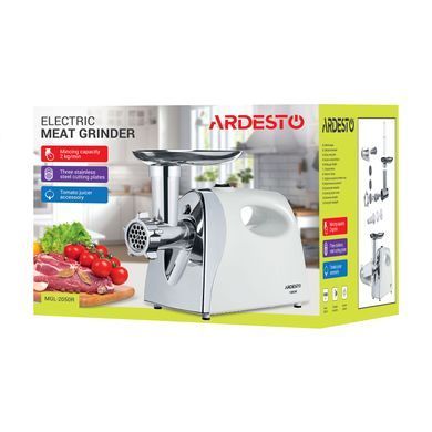 М'ясорубка ARDESTO 1800Вт, продук.-2кг/хв, 3 решітки + для ковб., кеббе, насадка для томатів, пластик, біло-сріблястий (301784) MGL-2050R фото