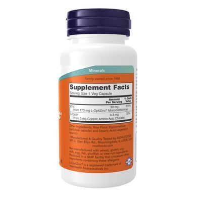 L-Optizinc(R) 30mg+Copper - 100 vcaps Now Foods