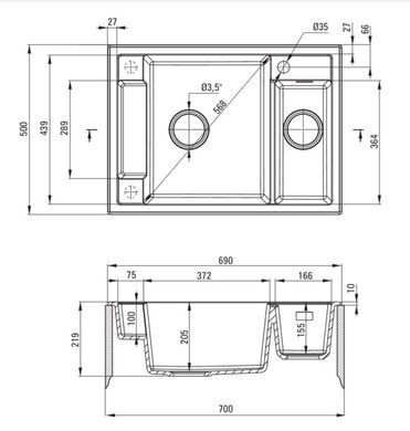 Мийка кухонна Deante Magnetic, граніт, прямокут., з крилом, 690х500х219мм, чаша - 1.5, врізна, антрацит (370199)