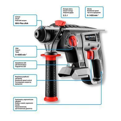 Акумуляторний перфоратор GRAPHITE 58G027 18V SDS Plus, безщітковий, 2.2 Дж, Energy+ 58G027 фото