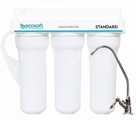 Фильтр проточный трехстадийный Ecosoft Standard, улучшенный комплект картриджей с Ecomix, кран капля