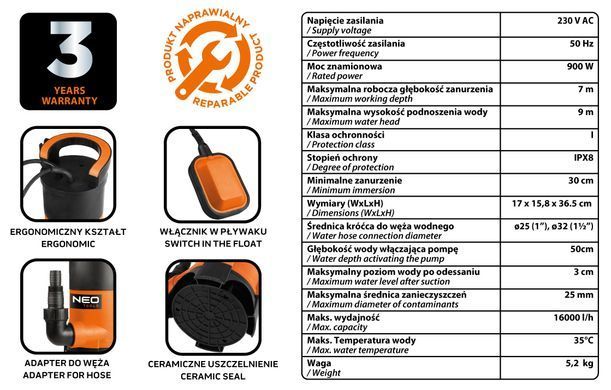 Погружные насосы для грязной воды Neo Tools 04-746, 900 Вт, макс. напор 9м, 16000 л/ч 04-746 фото