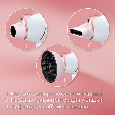 Фен Philips Prestige, 1800Вт, режимов-3, дифузор, хол. обдув, екорежим, хол.обдув, бело-розовый BHD628/00 фото