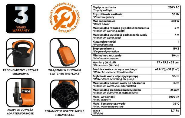 Занурювальний насос для брудної води Neo Tools 04-745, 400 Вт, макс. натиск 7 м, 8000 л/год 04-745 фото