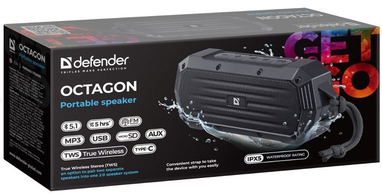 Портативна акустика DEFENDER (65039)Octagon 5Вт, FM/microSD/USB/TWS, чорний 65039 фото