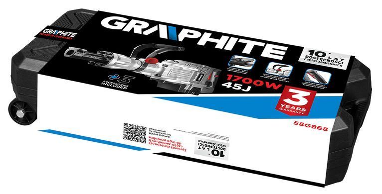 Отбойный молоток GRAPHITE 58G868 1700Вт, 45Дж, шестигранный патрон 30 мм в кейсе 58G868 фото