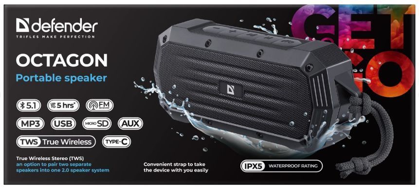 Портативна акустика DEFENDER (65039)Octagon 5Вт, FM/microSD/USB/TWS, чорний 65039 фото
