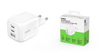 Зарядний пристрій мережевий Belkin 70Вт 2хUSB-С/USB-A GAN PD PPS, білий