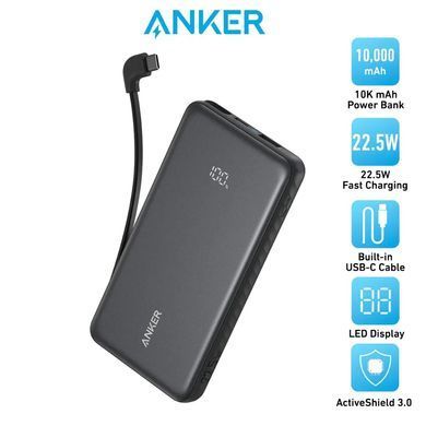 Портативний зарядний пристрій Anker - 10000 mAh 22.5W Built-In USB-C Cable Black (7198079)