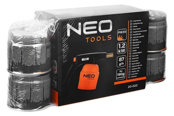 Газова паяльна лампа NEO TOOLS 20-045 з 4 картриджами, 190 г, потужність 1,2 кВт, температура 1350 &deg; C