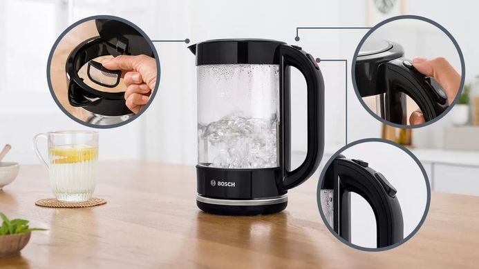 Электрочайник Bosch 1.7л, стекло, черный (361542) TWK70B03 фото