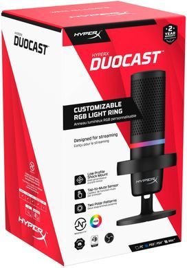Мікрофон геймінговий HyperX DuoCast, Omni/Bi, USB-A, 2м, NGenuity, RGB, чорний (361390) 4P5E2AA фото
