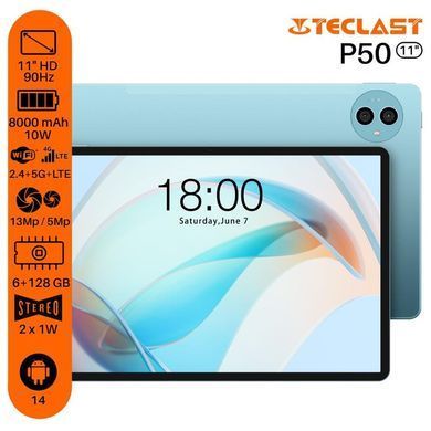 TECLAST Планшет P50 11" 6ГБ, 128ГБ, LTE, 8000мА&bull;год, Android, голубой 6940709686829 фото