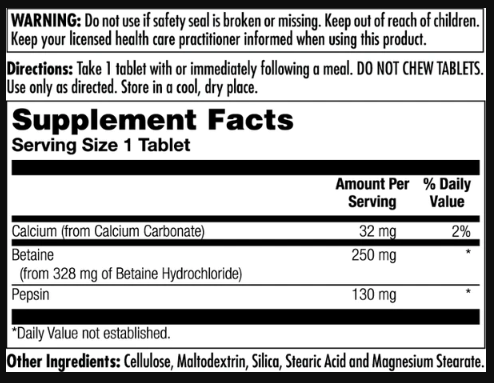 Betaine HCl Plus 250mg - 100 tabs KAL