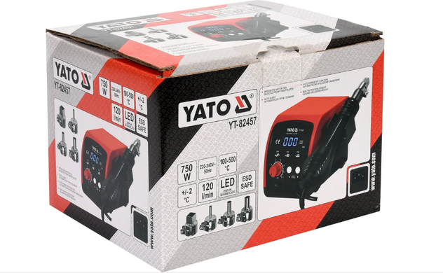 Термоповітряна паяльна станція YATO: 750 Вт, t&deg;= 100- 500&deg;С, пов. потік- 120 л/хв, LCD табло, 4 форсунки YT-82457 фото