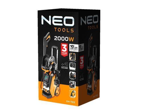 Мийка високого тиску NEO 04-705, 2000 Вт, 150 бар, шланг 5 м з котушкою, набір аксесуарів