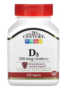 Витамин D3, Vitamin D3, 21st Century, 250 мкг (10000 МЕ), 110 таблеток