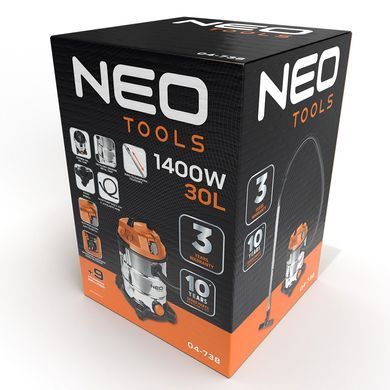 Neo Tools Профессиональный пылесос, 1400Вт, 18 кПа, контейнер 30л, HEPA, колеса, 5.92кг (380003) 04-738 фото