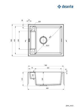 Мийка кухонна Deante Magnetic, граніт, квадрат, без крила, 560х500х219мм, чаша - 1, врізна, антрацит (366644)