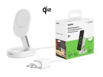 Зарядний пристрій бездротовий Belkin 15Вт Magnetic Stand Qi2, адаптер 20Вт USB-C, білий
