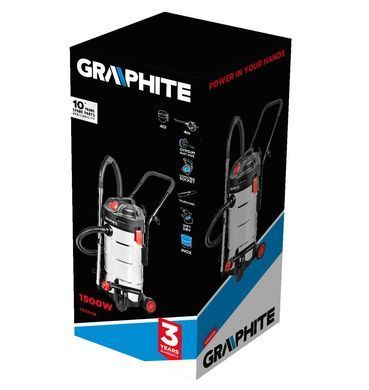 Graphite Пилосос професійний, 1500Вт, 18кПа, контейнер 40л, розетка 220В/2000В, функція повітродувки, колеса, IPX4 (287179) 59G608 фото