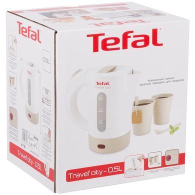 Tefal Електрочайник Travel-o-city 0.5л, Strix, пластик, в комплекті 2 склянки + 2 ложки, біло-бежевий (243031) KO120130 фото