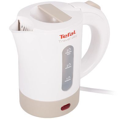 Tefal Електрочайник Travel-o-city 0.5л, Strix, пластик, в комплекті 2 склянки + 2 ложки, біло-бежевий (243031) KO120130 фото