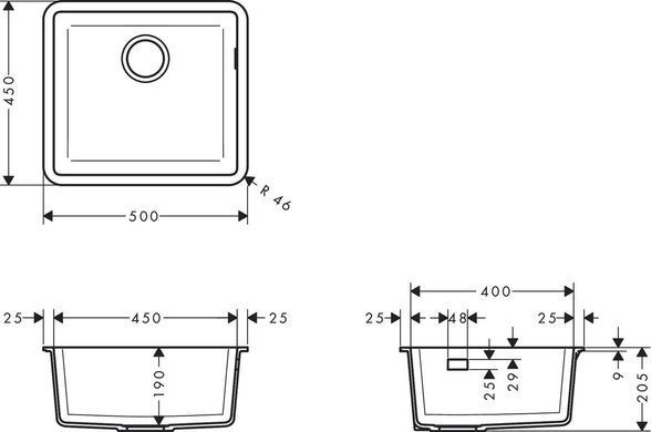Мийка кухонна Hansgrohe S51, граніт, квадрат, без крила, 500х450х190мм, чаша - 1, врізна, S510-U450, чорний графіт (352158)