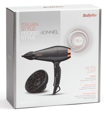 BaByliss Фен Air Pro, 2200Вт, 2 режими, дифузор, іоніз-я, хол. обдув, чорний (381307) 6719DE фото
