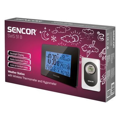 Метеостанція Sencor, внутр/зовн вимірювання, ААх3+АAАх2, темп-ра, вологість, час, прогноз погоди, чорний (310595)