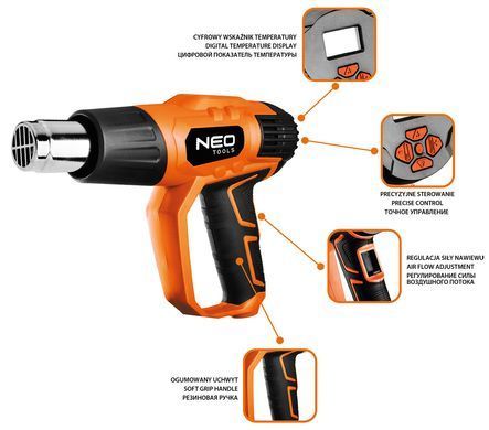 Термофен NEO TOOLS 04-710, потужність 2000 Вт, температурний діапазон 50-600 &deg; C, з кейсом та дисплеєм 04-710 фото