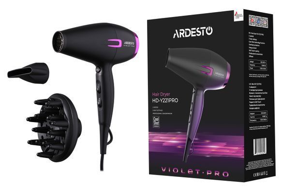 ARDESTO Фен Violet PRO HD-Y221PRO ,1750-2100Вт, 2 швидкості, 3темп.режими,дифузор, чорний (359659) HD-Y221PRO фото